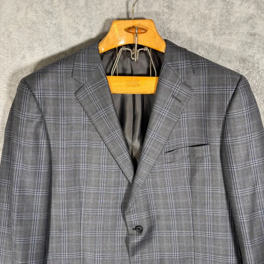 Hickey Freeman Lawrence Mens 46L Gray Blue Plaid Wool 2‎ Button Blazer Jacket